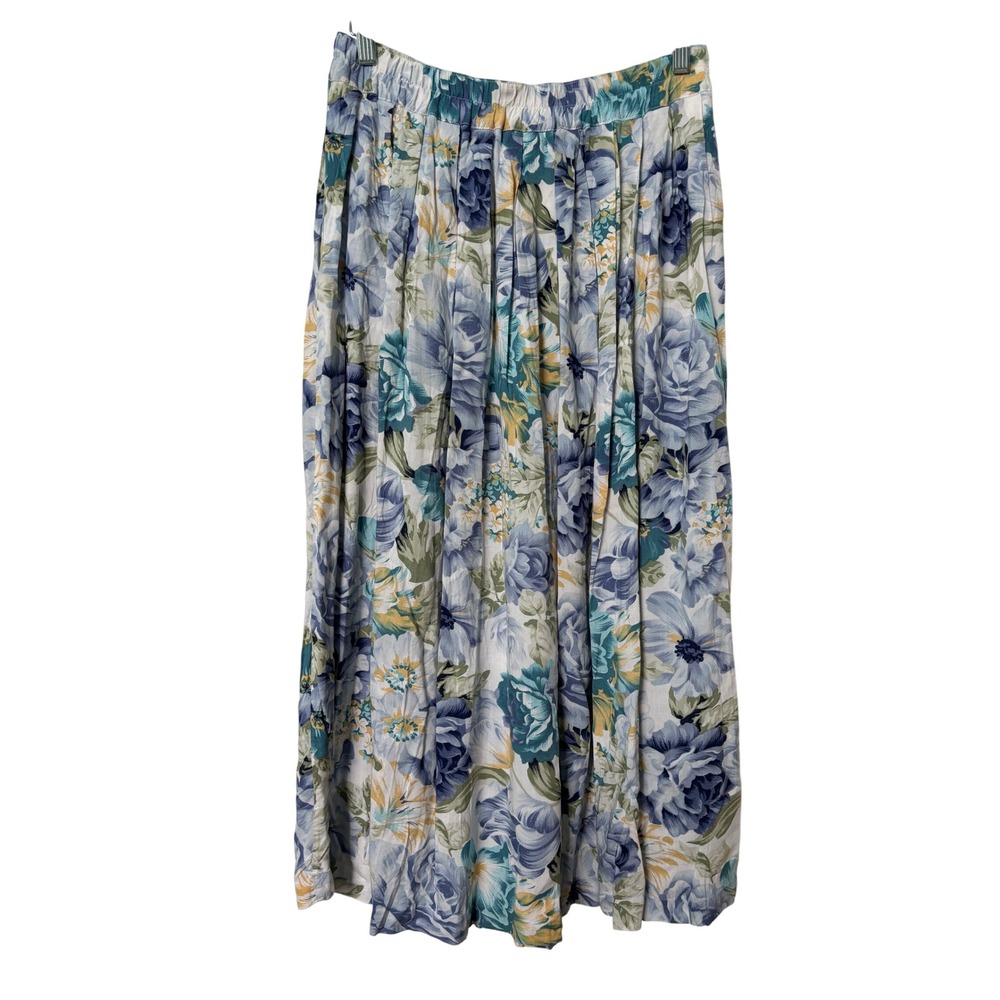 Vintage Zacks Floral Maxi Skirt Blue Green Pleated Viscose Rayon Made Canada 10